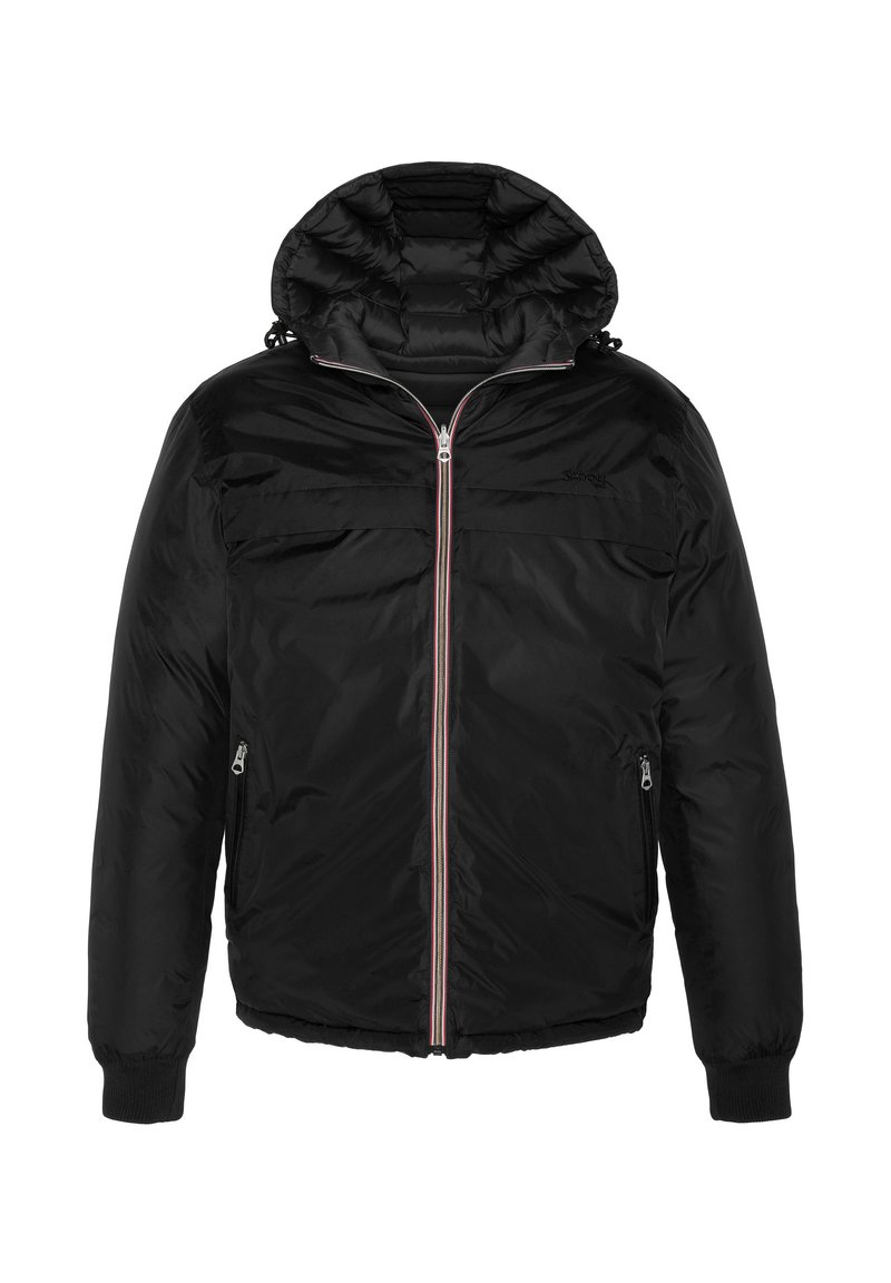 Schwarze gesteppte Jacke mit Kapuze, vorderem Reißverschluss und zwei seitlichen Reißverschlusstaschen. Merkmale sind gerippte Manschetten und kontrastierende Reißverschlussdetails.