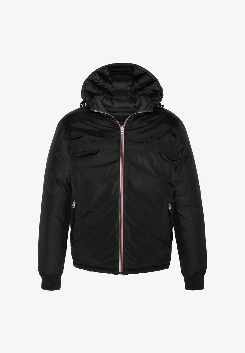 Schwarze gesteppte Jacke mit Kapuze, vorderem Reißverschluss und zwei seitlichen Reißverschlusstaschen. Merkmale sind gerippte Manschetten und kontrastierende Reißverschlussdetails.