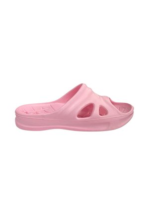 Singolo sandalo rosa slip-on con lati aperti e suola testurizzata, progettato per un uso casual e facile da indossare.