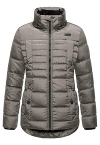 Graue Pufferjacke mit Stehkragen, Frontreißverschluss und gestepptem Muster. Verfügt über Seitentaschen und ein weiches Innenfutter.