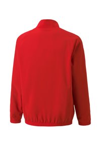 Rode langemouwen jack met elastische manchetten en tailleband, van achteren getoond met een hoge kraag en zonder zichtbare logo's of patronen.