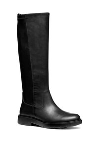 Botas de cuero negro hasta la rodilla con un acabado suave, suela de goma plana y paneles laterales para mayor flexibilidad. Diseño minimalista y líneas limpias.