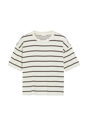Weißes T-Shirt mit kurzen Ärmeln, horizontalen schwarzen Streifen und rundem Ausschnitt, flach auf einem weißen Hintergrund gelegt.