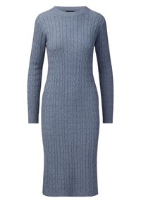 Abito lavorato a maglia blu chiaro con maniche lunghe, caratterizzato da un motivo a cavo testurizzato e un collo rotondo. Silhouette aderente.