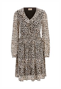 Zwart en beige gestippelde jurk met lange mouwen en een V-hals, met ruches, elastische tailleband en een gelaagde rok. Lichtgewicht stof.