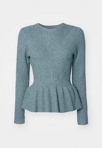Pull côtelé à manches longues en bleu clair avec un ourlet évasé et un motif texturé, doté d'un col rond et d'un corsage ajusté.