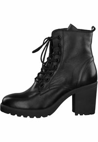 Bottine en cuir noir avec un laçage à l'avant, bout rond, talon épais et haut, et semelle texturée pour une meilleure adhérence. Détails de couture.