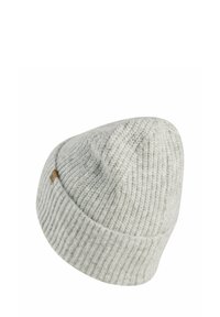 Light gray knitted beanie with a ribbed texture and a small brown leather label. Tapered design, soft material, and rolled hem.