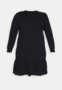 Vestido preto de manga longa feito de material suave, apresentando um decote redondo e uma bainha com babados, com detalhes franzidos nas mangas.