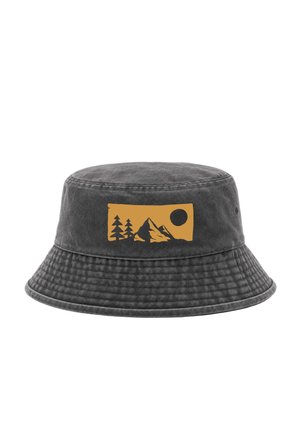 Dark gray bucket hat with a yellow rectangular patch showing mountains, trees, and a sun or moon silhouette.