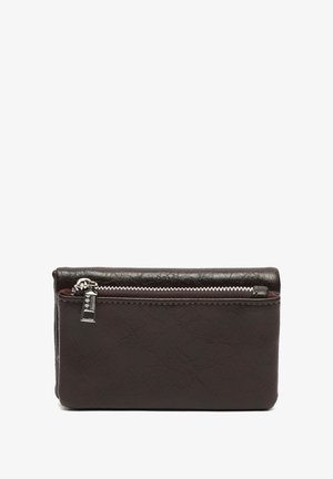 Brown leather wallet with a textured finish, zippered compartment, and stitched accents. Compact rectangular shape with smooth edges.