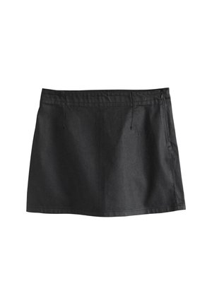 Musta farkkuhame, jossa on litteä vyötärönauha, kaksi etutaskua ja sivuvetoketju. Kangas on sileä ja mallissa on selkeä, siisti muotoilu.