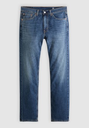 Blue denim jeans with straight legs, five-pocket style, button and zipper closure, and subtle fading on front thigh areas.
