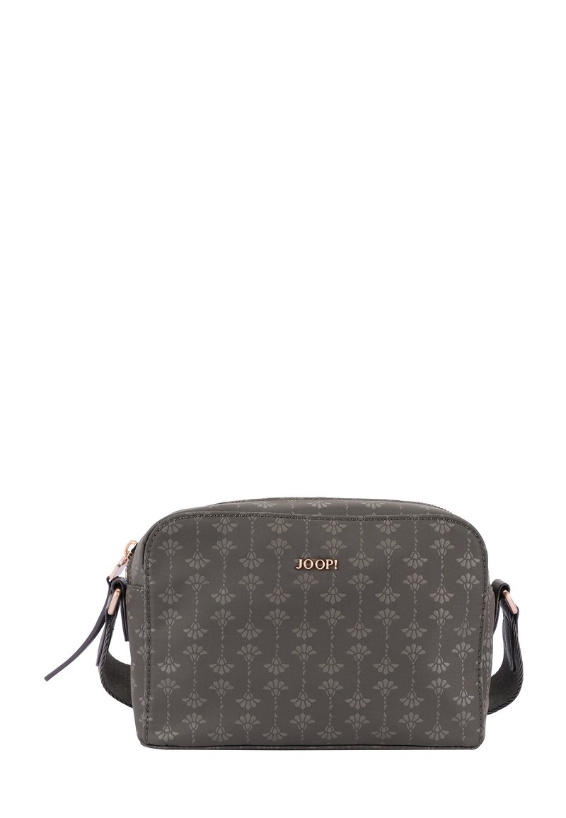 Borsa a spalla grigia con motivo, finitura liscia, logo del marchio dorato e tracolla regolabile, dotata di chiusura con zip e accento laterale.