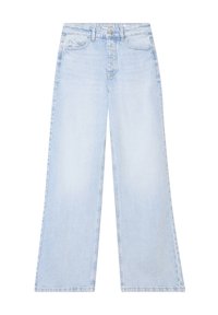 Vaqueros de denim de corte ancho en azul claro, con una cintura alta, diseño de cinco bolsillos y una sutil textura desteñida.