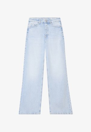 Hellblaue Jeans mit weitem Bein aus Denim, featuring eine hohe Taille, einem Fünf-Taschen-Design und einer dezenten strukturierten Textur.