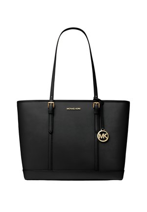 Czarna torba typu tote Michael Kors z podwójnymi rączkami, złotą plakietką z logo i okrągłym zawieszonym na jednej rączce breloczkiem MK.