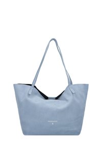Borsa tote in suede blu chiaro con interno nero, dotata di due manici e un sottile logo del brand sul davanti.
