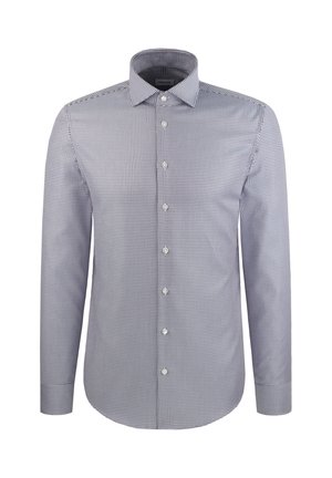 Men's long-sleeve button-up shirt in navy and white gingham pattern, featuring a classic collar and front placket with white buttons.