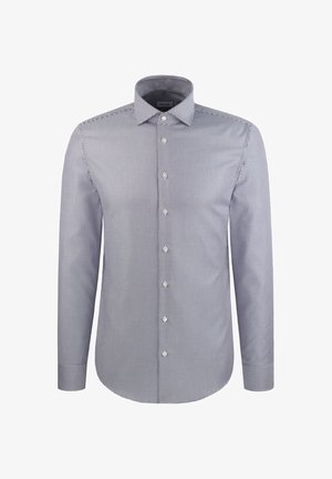 Herreskjorte med lange ærmer i navy og hvidt gingham-mønster, med en klassisk krave og frontlister med hvide knapper.