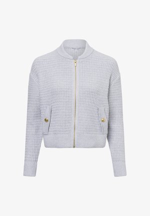 Hellgraue, strukturierte Bomberjacke mit einem goldenen Reißverschluss, zwei Fronttaschen mit Knopf-Akzenten sowie einem gerippten Kragen und Bündchen.