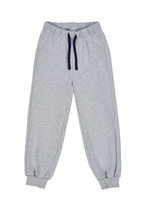 Pantalon de survêtement gris avec une taille élastique et des cordons de serrage bleu marine. Poignets aux chevilles et détail de piping sur les côtés. Matériau en mélange de coton doux.