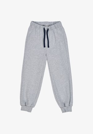 Graue Sweatpants mit elastischem Bund und marineblauen Kordeln. Bündchen an den Knöcheln und seitliche Paspelierung. Weiches Baumwollmischgewebe.