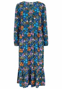 Robe à imprimé floral avec manches longues, décolleté en V et ourlet à volants superposés. Présente un mélange de fleurs bleues, oranges, roses et vertes sur un fond sombre.