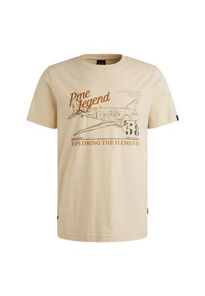 Cremefarvet bomulds t-shirt med et vintage flygrafik i brun samt teksten "PmE Legend" og "Exploring the Elements."