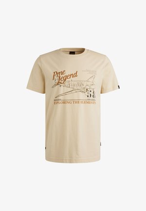 Cremefarvet bomulds t-shirt med et vintage flygrafik i brun samt teksten "PmE Legend" og "Exploring the Elements."