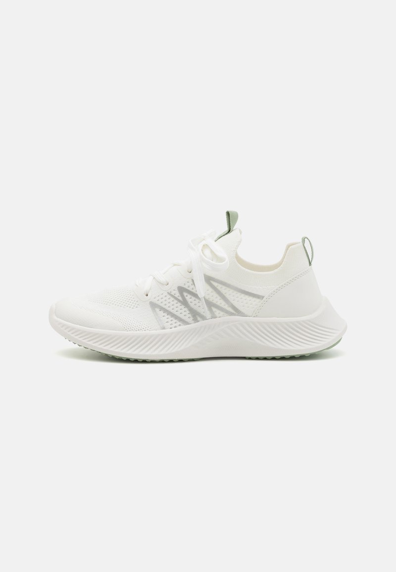 White athletic shoe with a breathable mesh upper, light grey accents, and ribbed sole. Features lace closure and a loop heel tab.