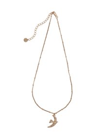 A gold színű nyaklánc egy finom lánccal, apró gyöngyökkel és texturált madár medállal rendelkezik. Hosszúsága állítható, csatolása homárkapoccsal történik.
