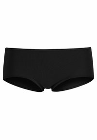 Črne bombažne hlačke boyshorts z gladko teksturo, nizkim pasom in prilegajočim krojem. Ponuja klasičen dizajn, brez vzorcev ali vidnih kovinskih delov.