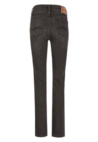 Jeans de denim negro con corte recto, dos bolsillos traseros con costuras sutiles y una etiqueta de cuero de la marca en la cinturilla.