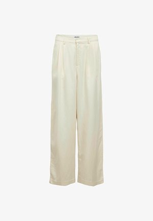 Pantalones anchos de talle alto en color crema, con trabillas para cinturón, pliegues en la parte delantera y cierre frontal oculto.