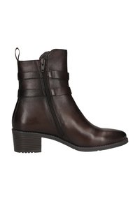 Braune Leder-Stiefelette mit einem seitlichen Reißverschluss, dekorativen Riemen und einem strukturierten Blockabsatz. Glatte Oberfläche mit einer abgerundeten Zehenform.