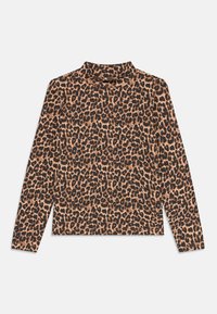 Haut à manches longues en col roulé avec un imprimé léopard présentant un fond beige et des taches noires. Fabriqué en tissu doux, il a une coupe ajustée.