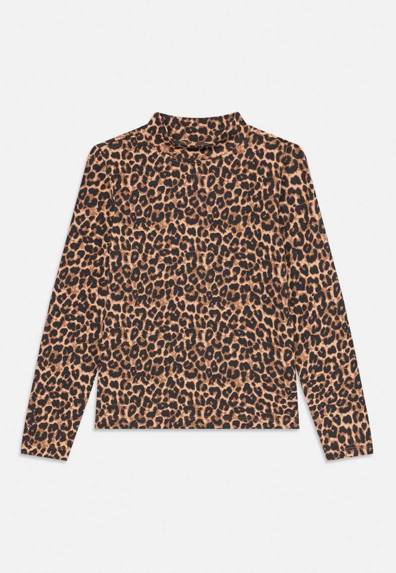 Haut à manches longues en col roulé avec un imprimé léopard présentant un fond beige et des taches noires. Fabriqué en tissu doux, il a une coupe ajustée.