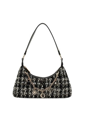 Tweed shoulder bag in black and white, featuring a curved shape, gold hardware accents, and decorative chain with charms.