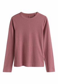 Long-sleeve pink ribbed t-shirt made of soft cotton with a rounded neckline and straight hem. Label visible on the inside collar.