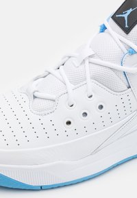 Gros plan sur une basket de basketball blanche et bleue avec cuir perforé, languette en mesh, lacets blancs et patch logo noir avec silhouette bleue.