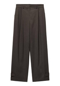 Pantaloni larghi color marrone scuro con pince sulla parte anteriore, passanti per cintura in vita e orli a risvolto, realizzati in un tessuto liscio.