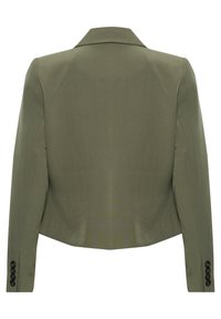 Olivově zelený zkrácený blazer s klopovým límcem, tvarovanými rameny a knoflíkovými manžetami. Hladká textura, minimalistický design a strukturovaný tvar.