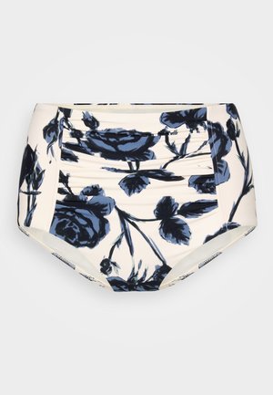 Fundo de fato de banho de cintura alta em creme com padrão floral de rosas azul-escuro, apresentando detalhes franzidos nas laterais e bordas pretas contrastantes.