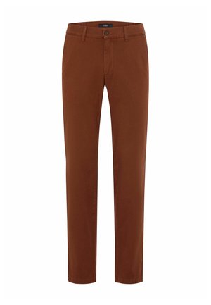 Braune Baumwollhose mit geradem Bein Design, ausgestattet mit einem Knopf- und Reißverschluss sowie minimalen Nähdetails.