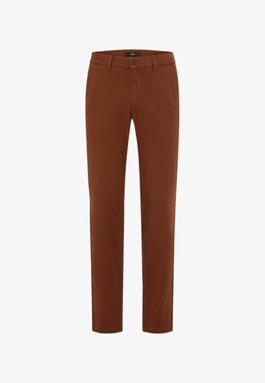 Bruine katoenen broeken met een recht lijnontwerp, voorzien van een knoop- en ritssluiting, en minimale stikdetails.