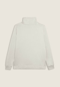 Felpa a collo alto grigia chiara con maniche lunghe, texture morbida, colletto e polsini a coste, caratterizzata da un design uniforme senza fantasie.