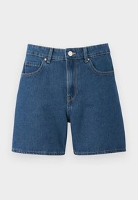 Denim shorts in dark blue, featuring a classic five-pocket design, a button closure, and straight cut with minimal stitching details.