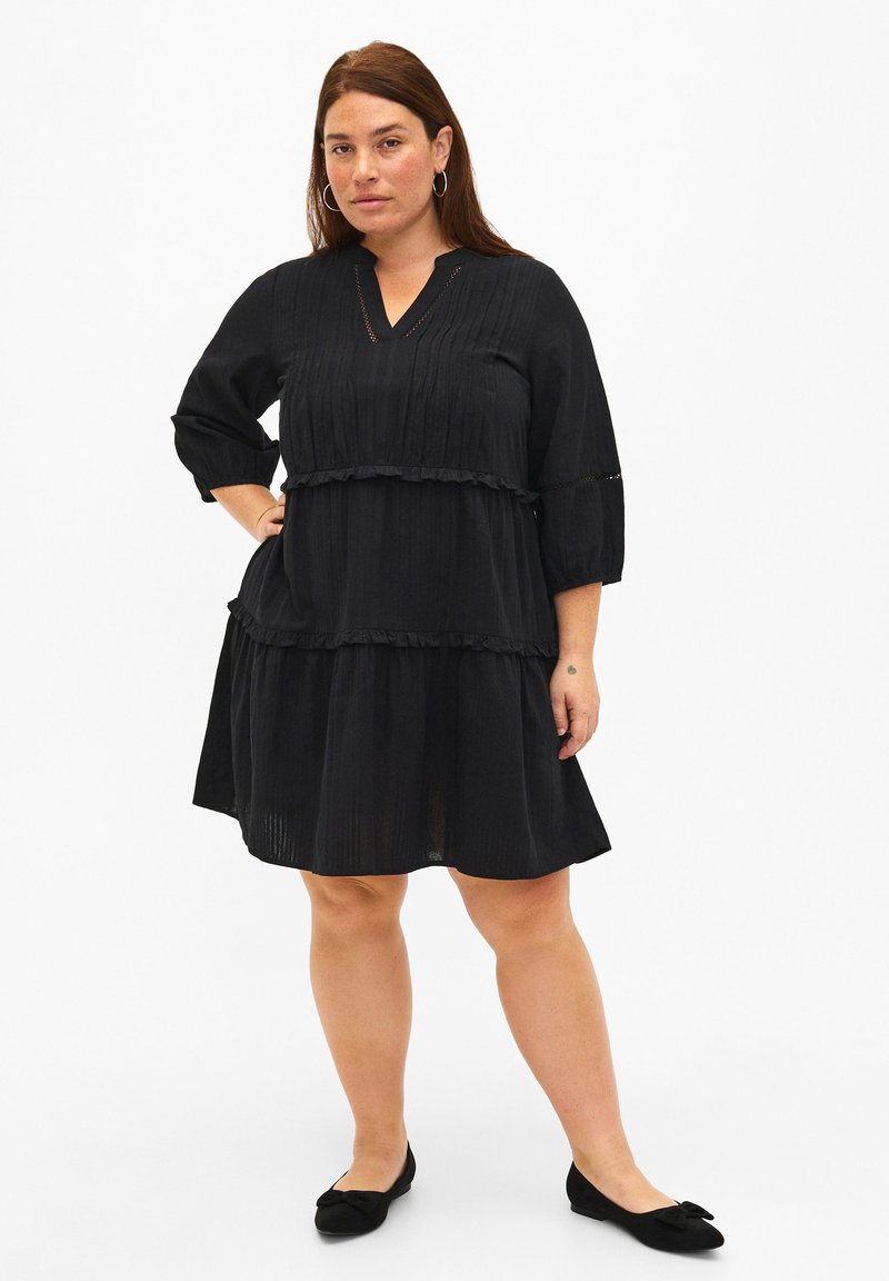 Zizzi - 3/4 SLEEVE WITH RUFFLES - Day dress - black, Enlarge