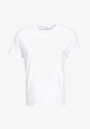 Weißes Baumwoll-T-Shirt mit rundem Ausschnitt und kurzen Ärmeln, im klassischen Schnitt und mit glatter Textur. Keine sichtbaren Muster oder Hardware.